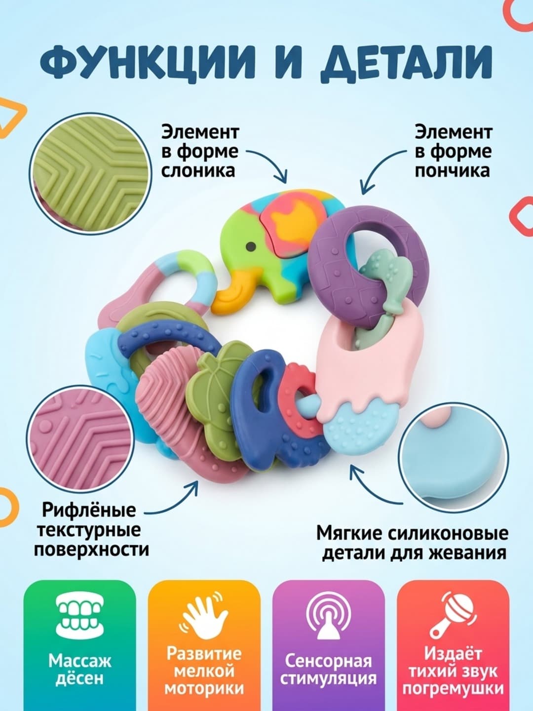 Многофункциональная погремушка-кусачки '8 в 1' для детей, мягкая, сенсорная — фото 3