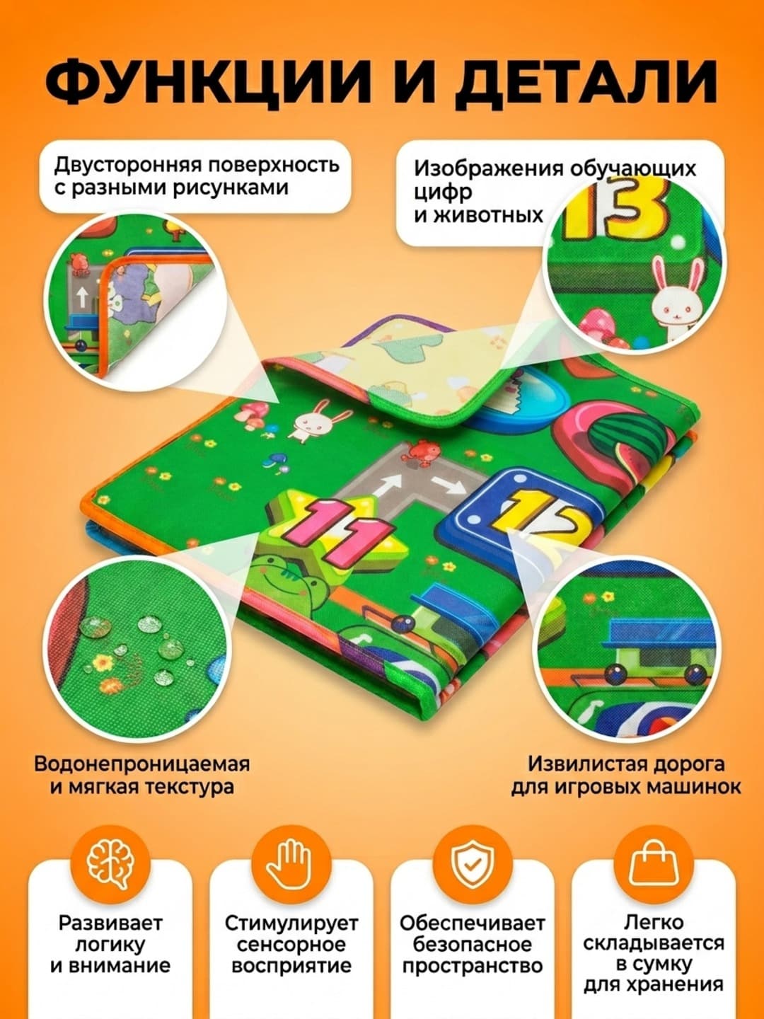 Развивающий игровой коврик Baby Play 190х180 см, мягкий, обучающий, для новорожденных — фото 3