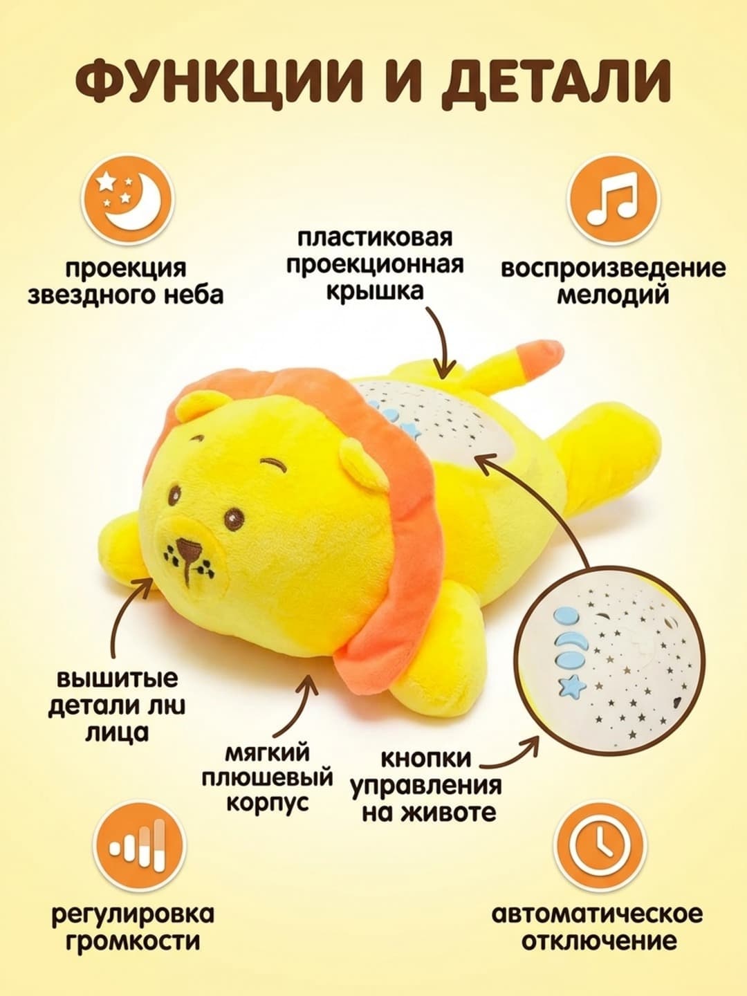 Львенок-проектор музыкальный ночник, Звездное небо и мелодии, Для детей с рождения — фото 3
