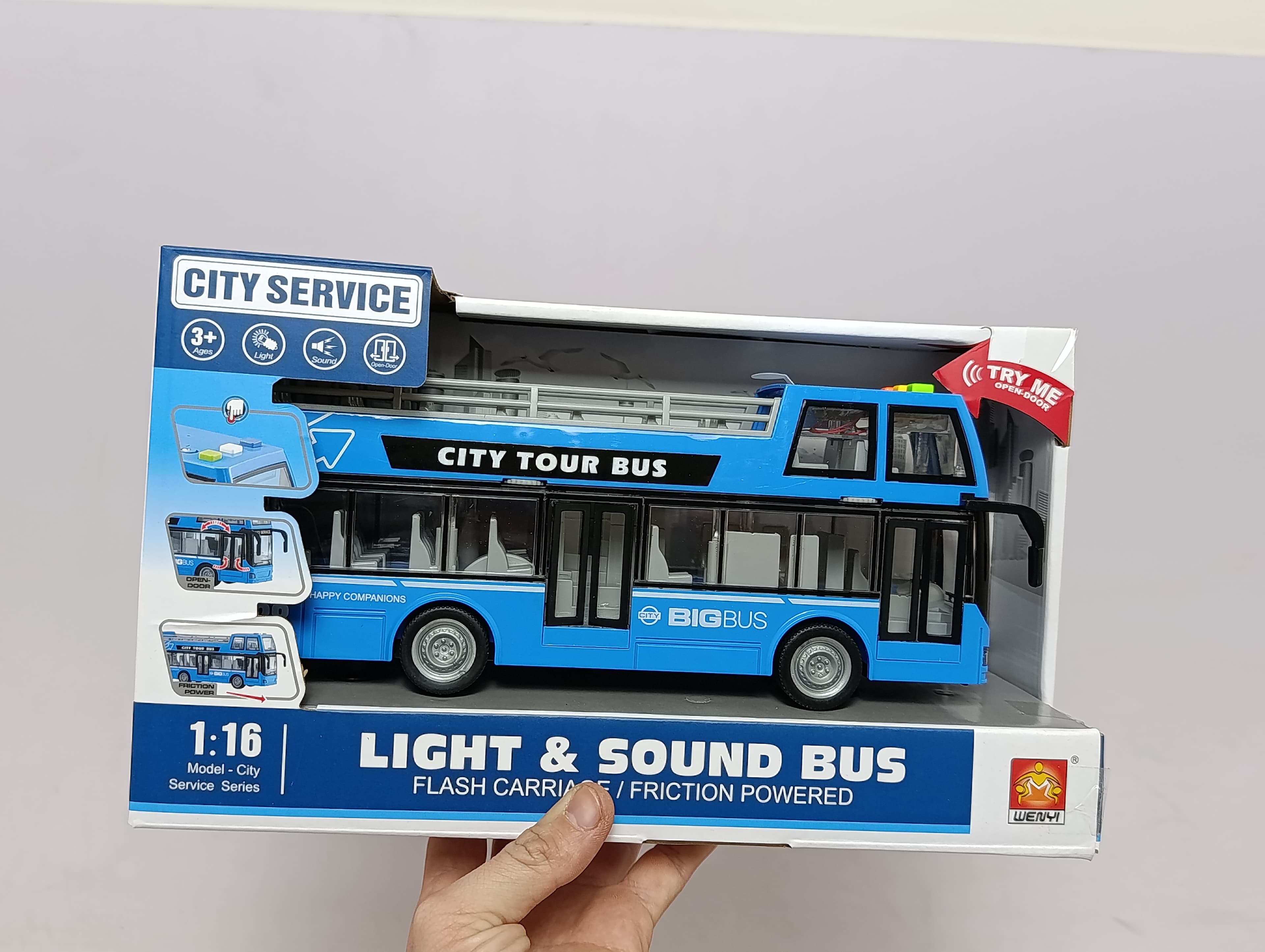 Автобус с открытым верхом City Tour Bus WENYI 1:16 инерционный двухэтажный со светом и звуком — фото 2