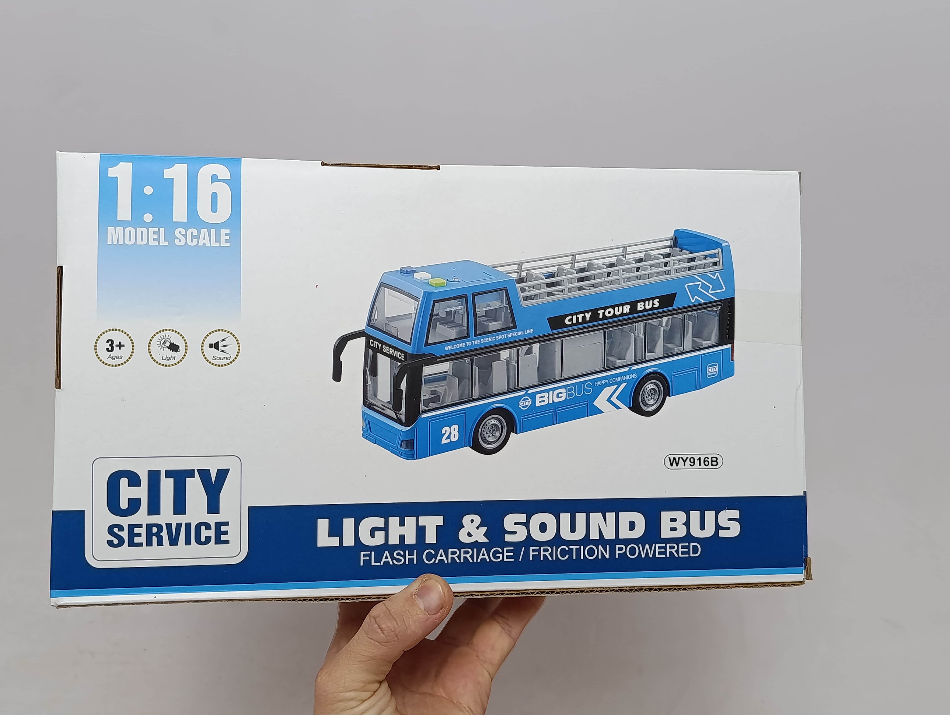 Автобус с открытым верхом City Tour Bus WENYI 1:16 инерционный двухэтажный со светом и звуком — фото 3