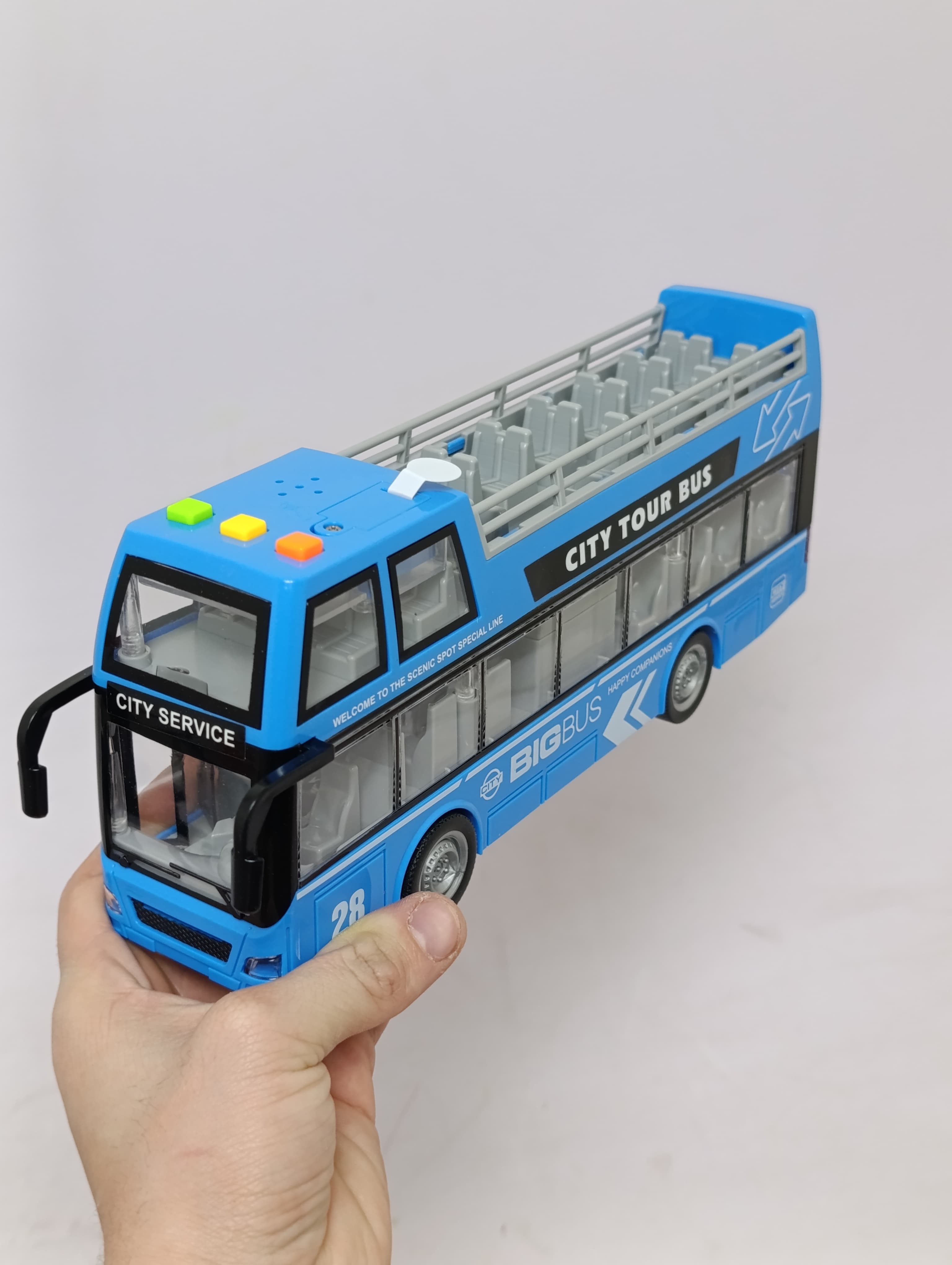 Автобус с открытым верхом City Tour Bus WENYI 1:16 инерционный двухэтажный со светом и звуком — фото 4