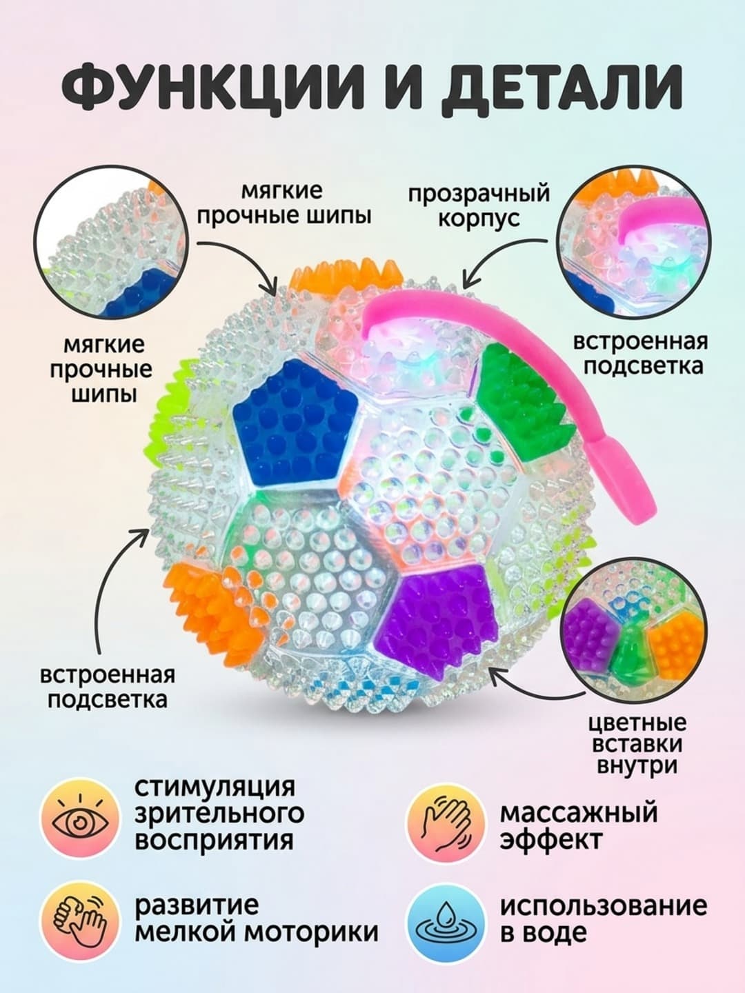 Светящийся мячик с шипами, Тактильный и развивающий, Для малышей и сенсорного развития, Водонепроницаемый — фото 2
