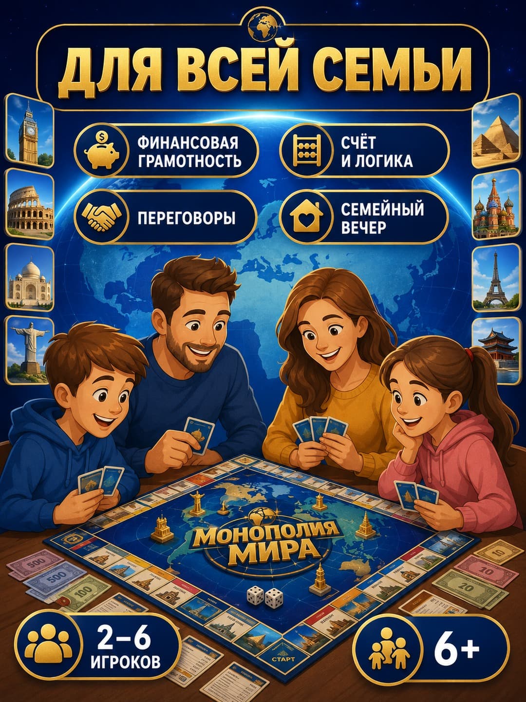 Настольная игра Мировая Монополия, экономическая стратегия для всей семьи, развивающая финансовую грамотность, 6+ лет — фото 5