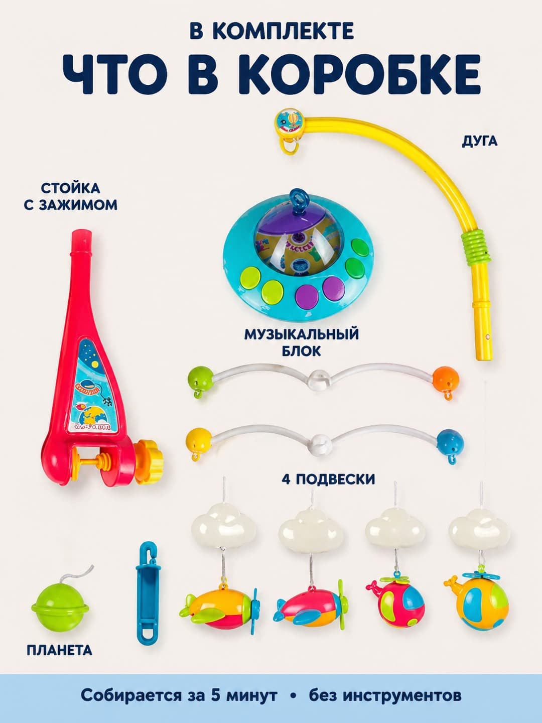 Музыкальный мобиль Huanger с проектором и мягкой подсветкой для новорожденных. — фото 2