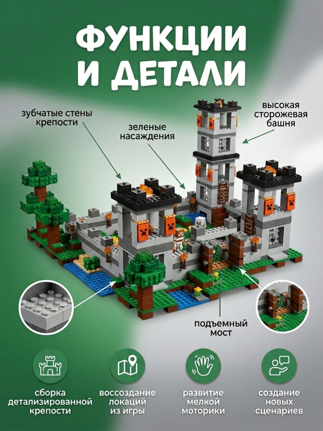 Конструктор Майнкрафт Крепость, 990 деталей, для детей 6+, 4 в 1 — фото 3