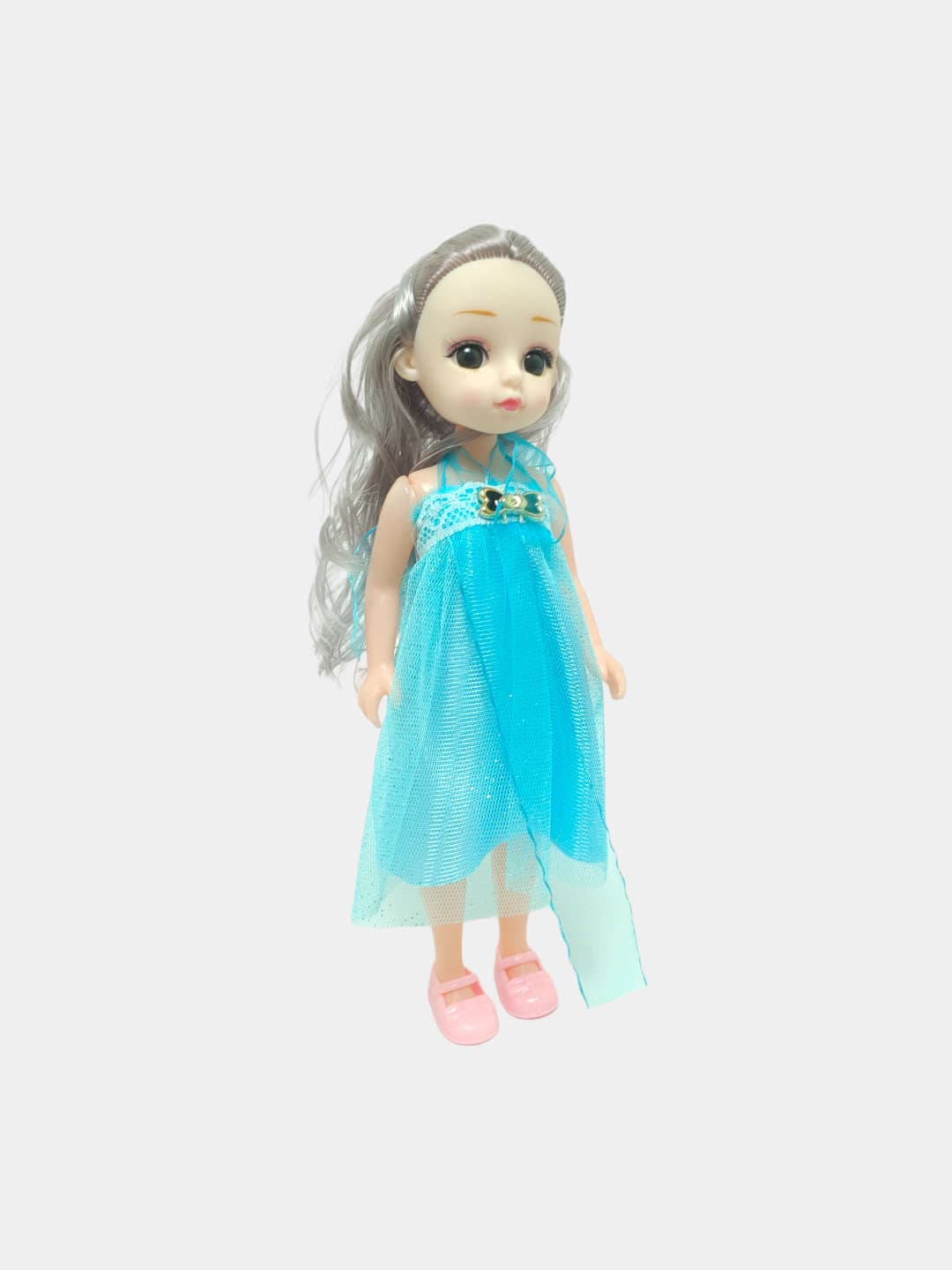 Кукла для девочек в голубом платье, с длинными серо-пепельными волосами, в пакете