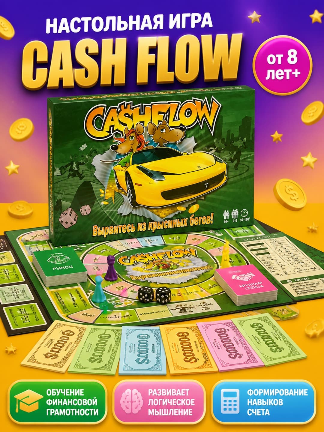 Настольная игра Cash Flow, Обучающая финансовая стратегия, Семейная игра для детей от 8 лет, Развивает логику и навыки счета