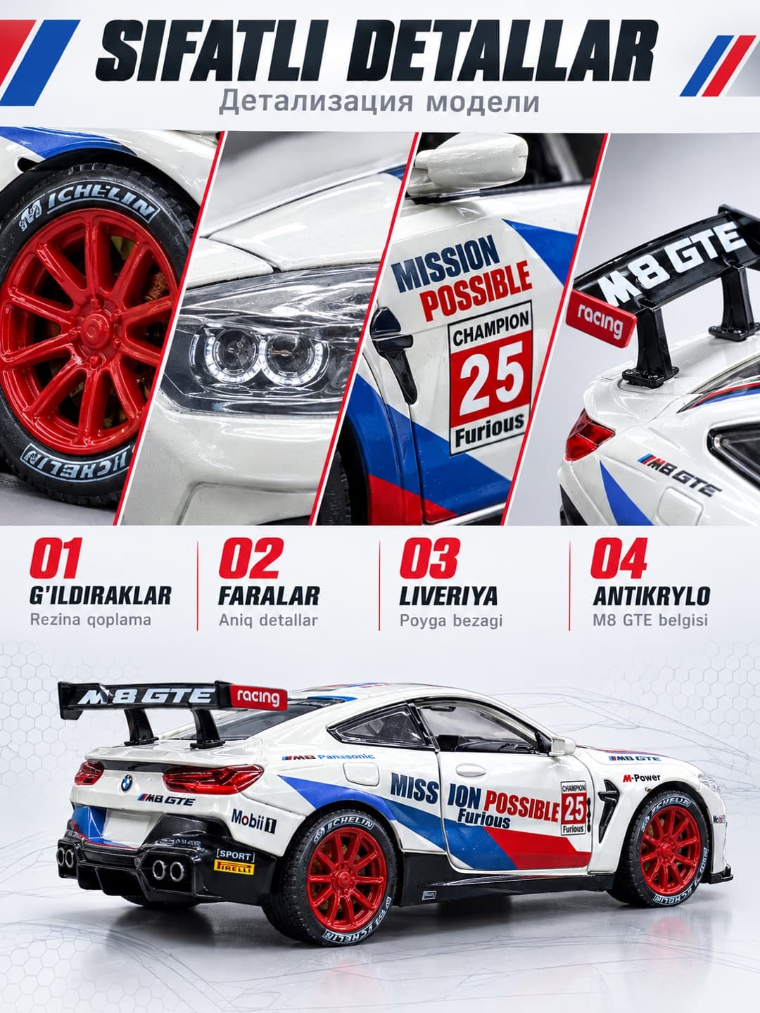 Моделька металлическая BMW M8 GTE 1:24 коллекционная машинка Miniauto для мальчиков — фото 12