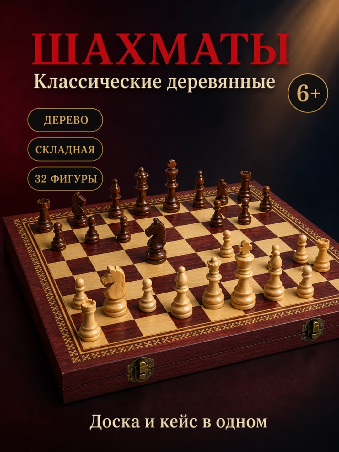 Шахматы деревянные  красный/золотой развивающие для детей.