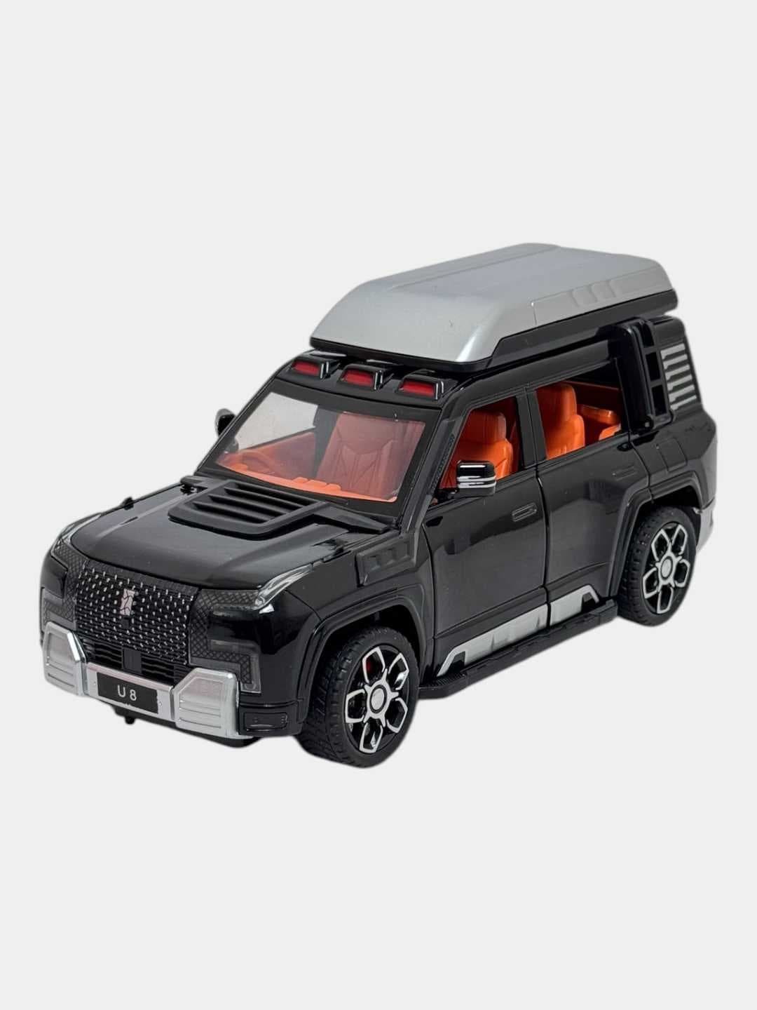 Модель авто YangWang U8 1:24 Детская черная игрушка с оранжевыми элементами.