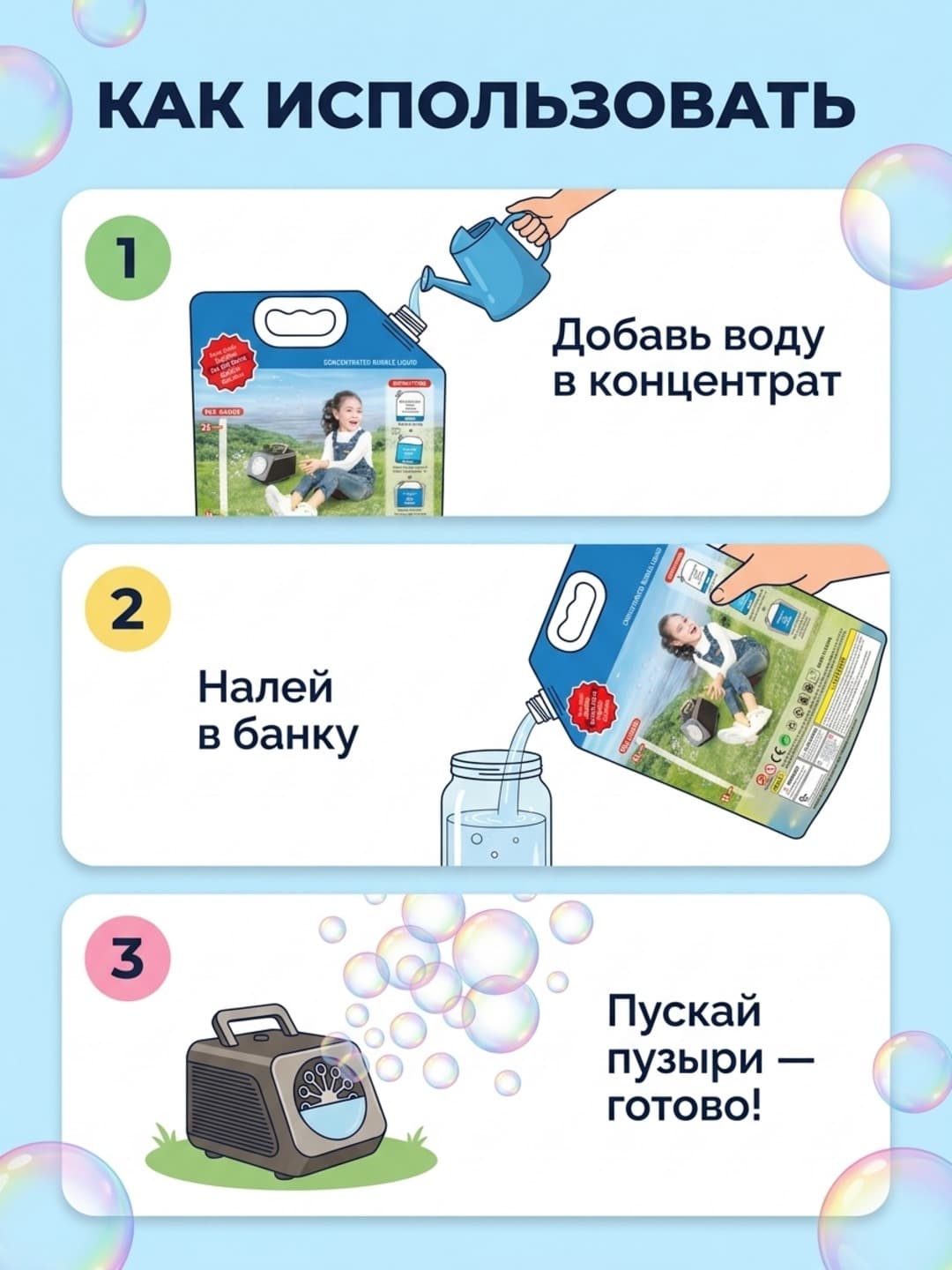 Концентрат для мыльных пузырей 200мл до 2 литров, Для бабл-машин и генераторов, Детям от 3 лет, Безопасный состав — фото 2