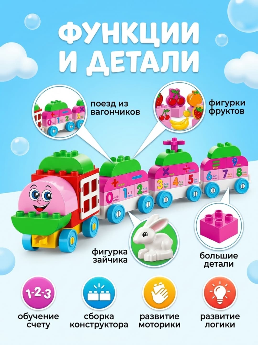 Крупный детский конструктор Фруктовый поезд, 82 детали, для детей от 3 лет, обучение счету и цифрам — фото 3