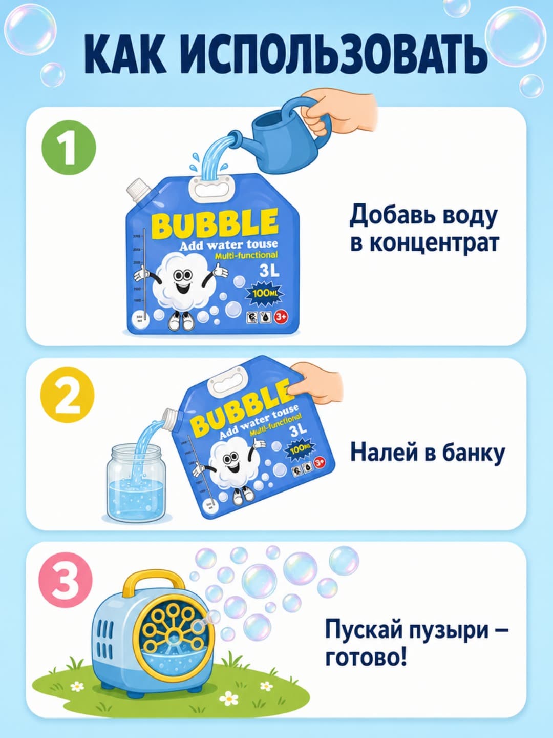 Концентрат мыльных пузырей 100 мл на 3 литра, Для генераторов и бабл-машин, Детям от 3 лет — фото 2