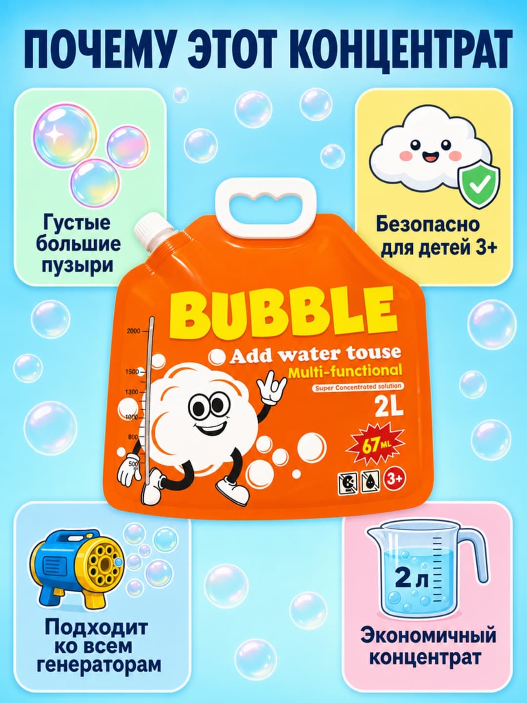 Концентрат для мыльных пузырей BUBBLE, На 2 литра раствора, Для генераторов и игрушек, Развивающий подарок — фото 3