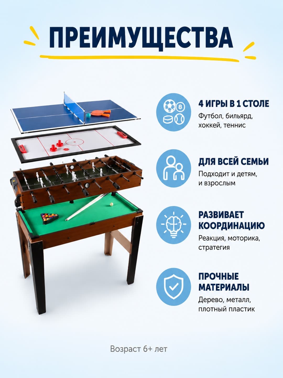 Настольный футбол 4в1 для детей развивающий игровой комплекс — фото 2