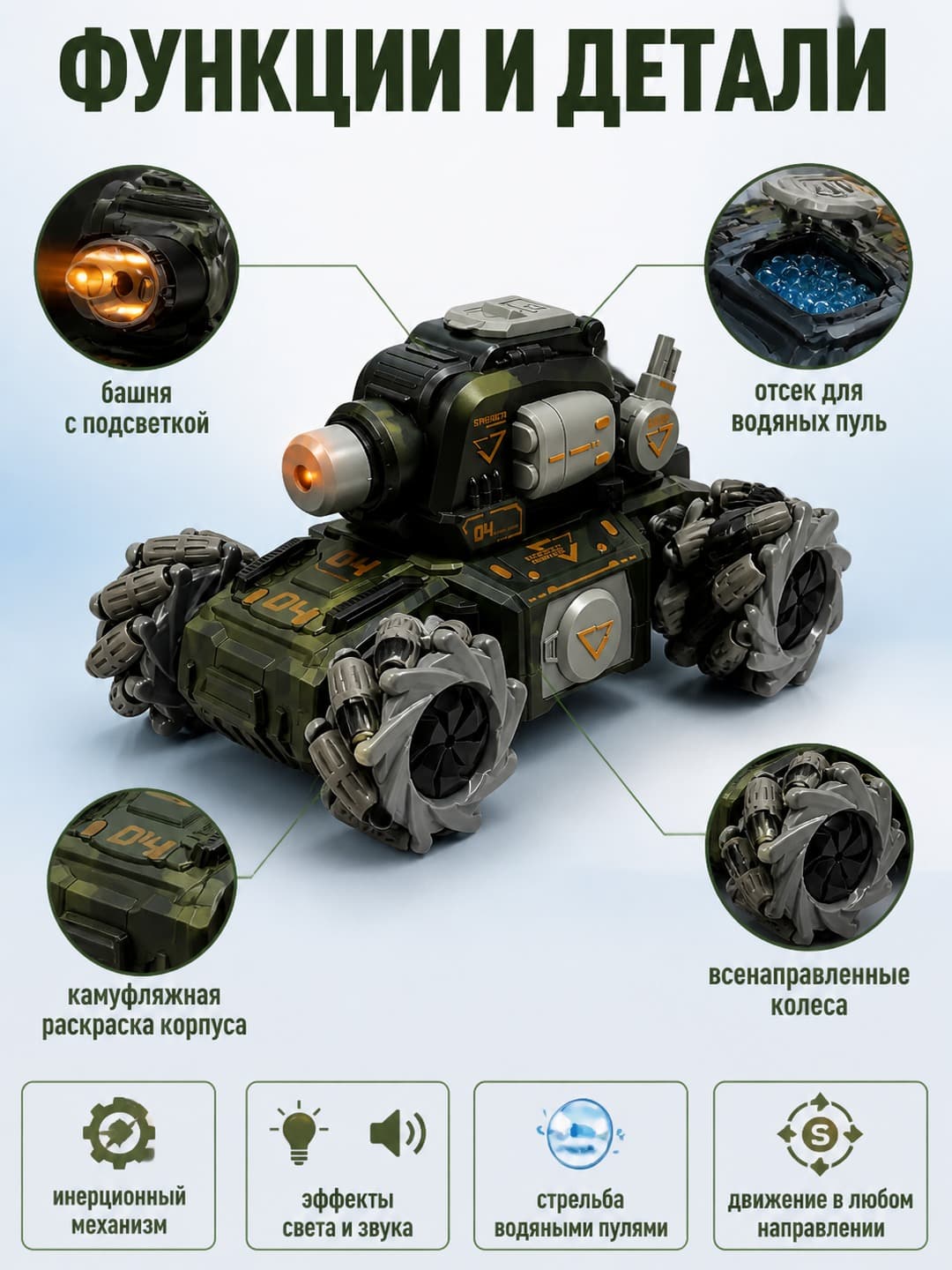 Радиоуправляемый Glitter Tank Mecha, водяные пули и подсветка, для мальчиков от 6 лет — фото 3