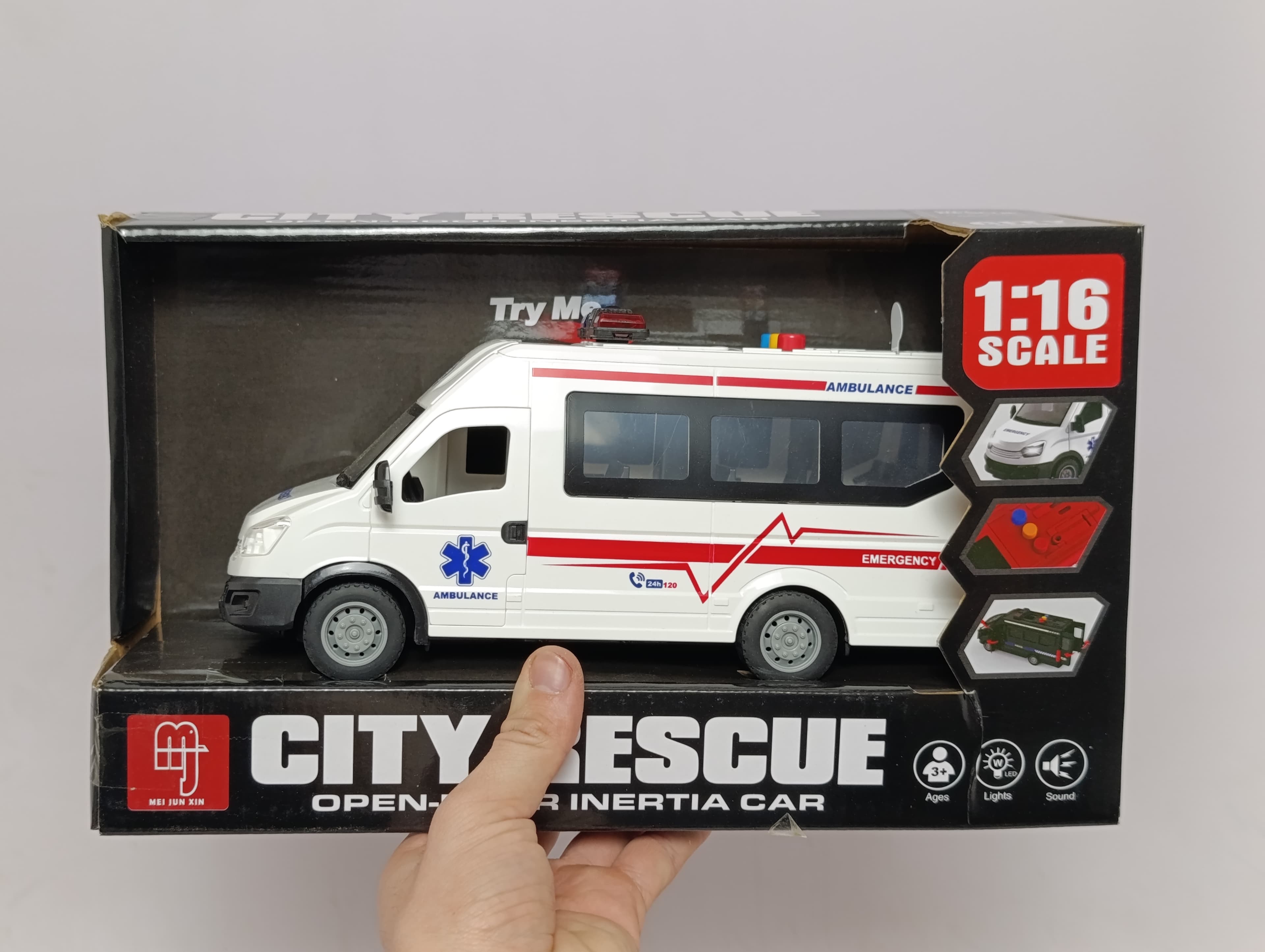 Машинка Скорая помощь 1:16, Инерционная со светом и звуком, Открываются двери — фото 2