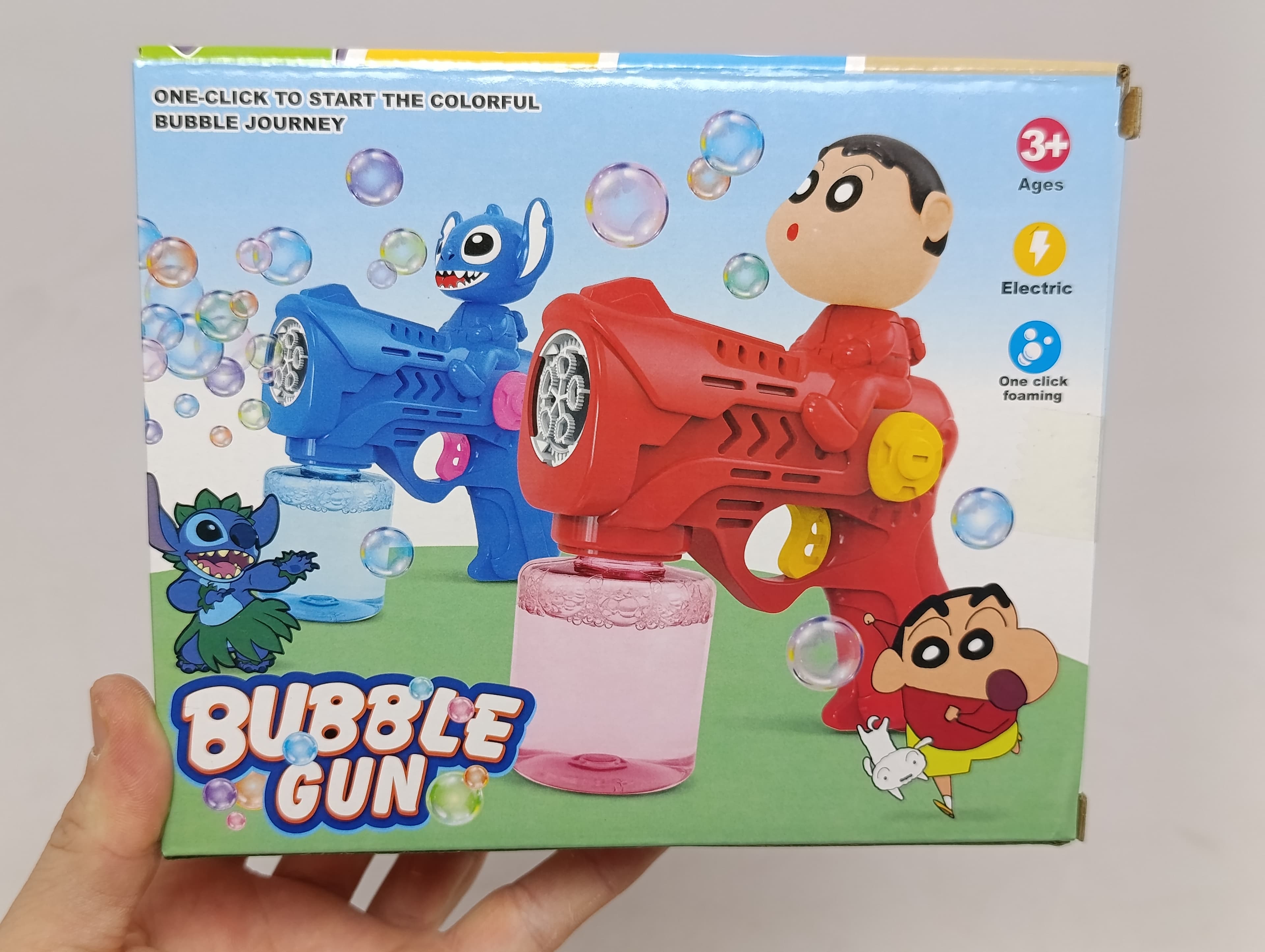 Электрический пистолет для мыльных пузырей Bubble Gun автоматический Стич и Шин-тян