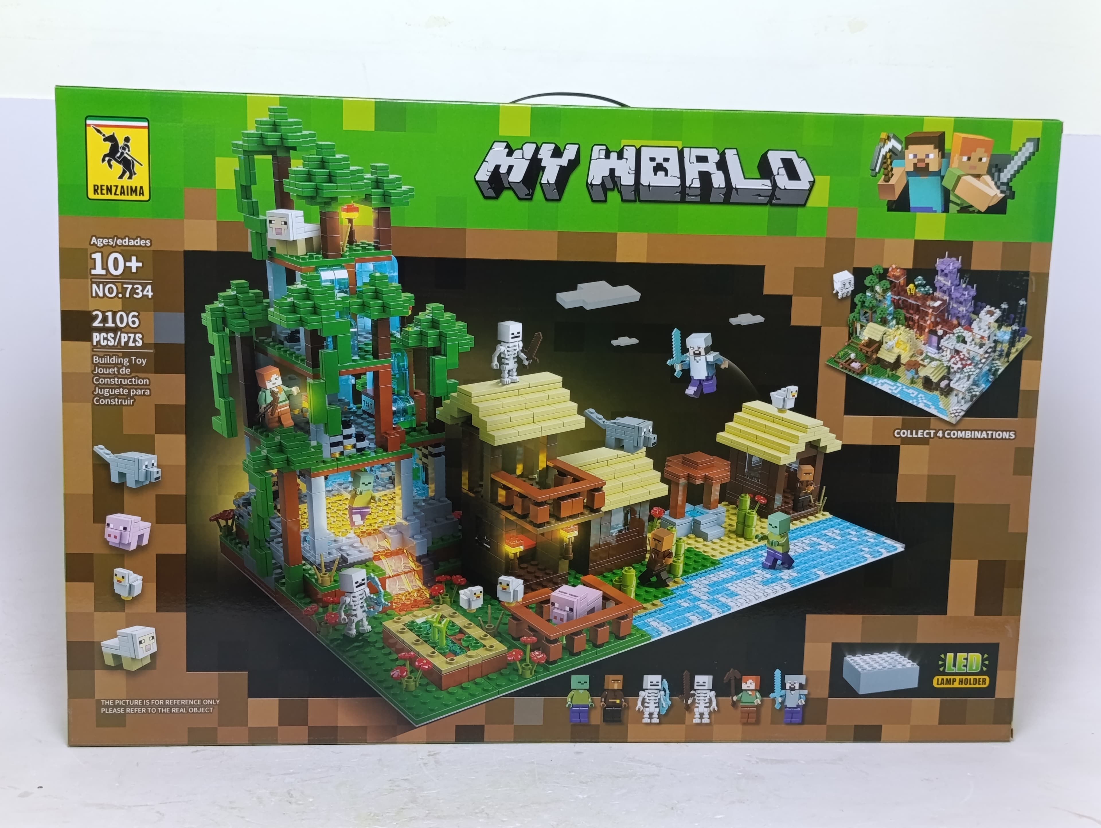 Конструктор Майнкрафт My World RENZAIMA Деревня и ферма с LED блоком, 2106 деталей