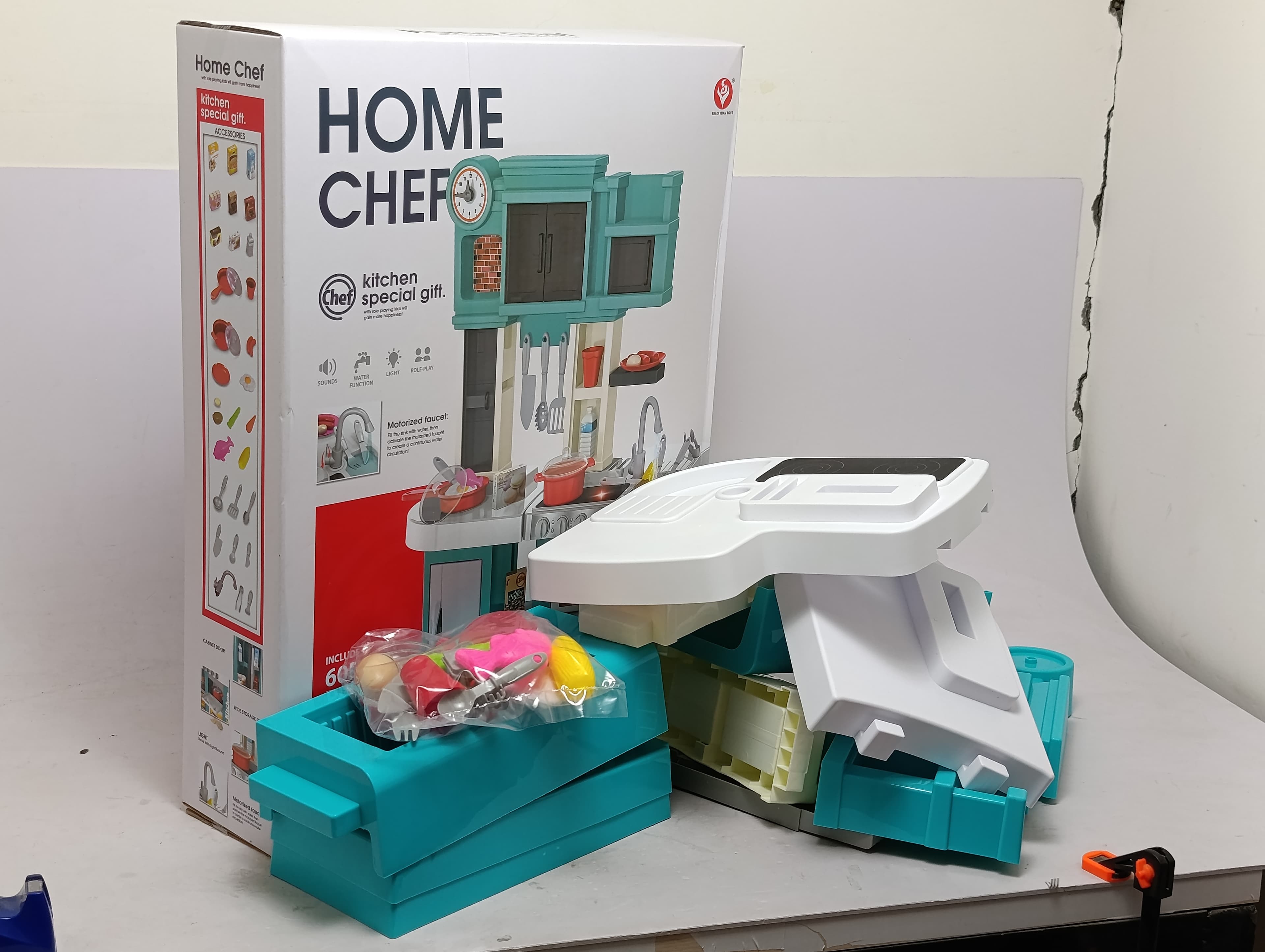 Игровая кухня Home Chef с водой, светом и звуком, 60 предметов, бирюзовая — фото 9