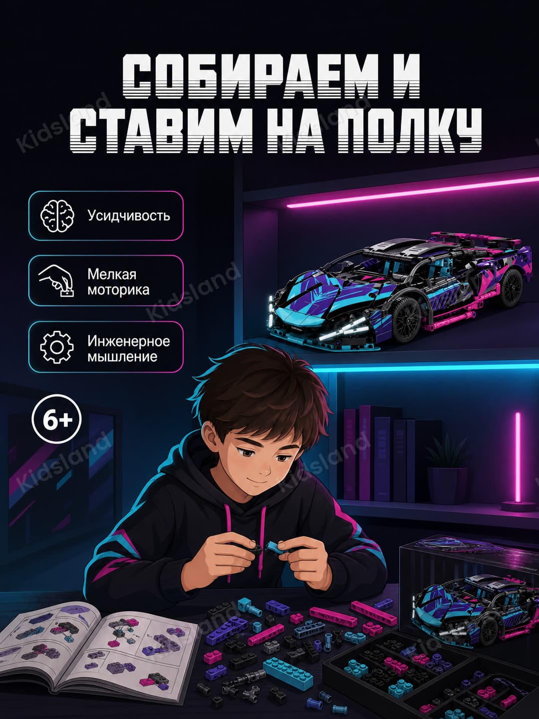 Конструктор Автомобиль Lamborghini 1:14, суперкар, 1280 деталей, неоновый, 6+ — фото 5