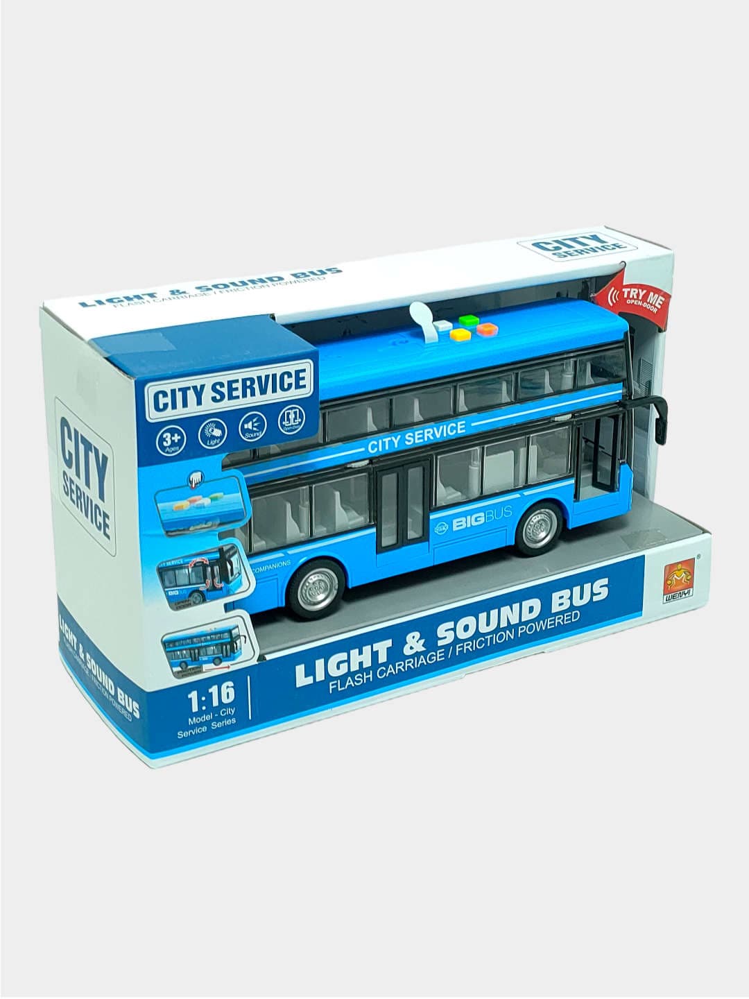 Автобус двухэтажный инерционный WENYI CITY 1:16 со светом, звуком и открывающимися дверями