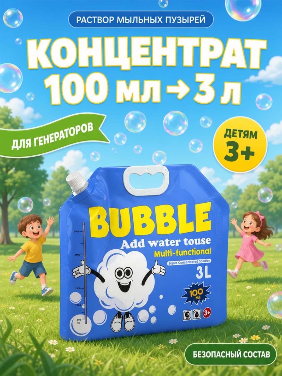 Концентрат мыльных пузырей 100 мл на 3 литра, Для генераторов и бабл-машин, Детям от 3 лет