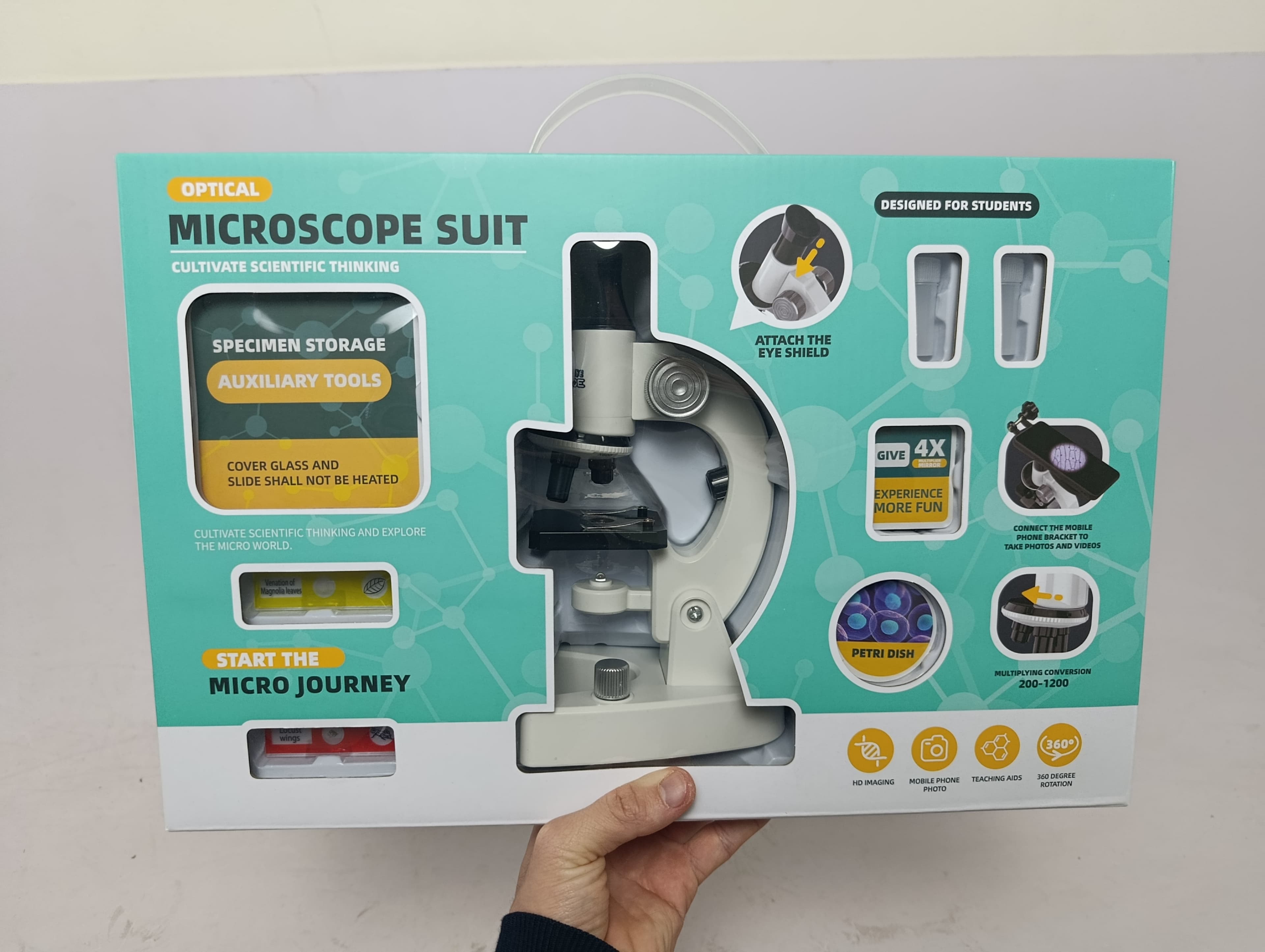 Оптический микроскоп Microscope Suit, обучающий набор 1200 крат с держателем для телефона