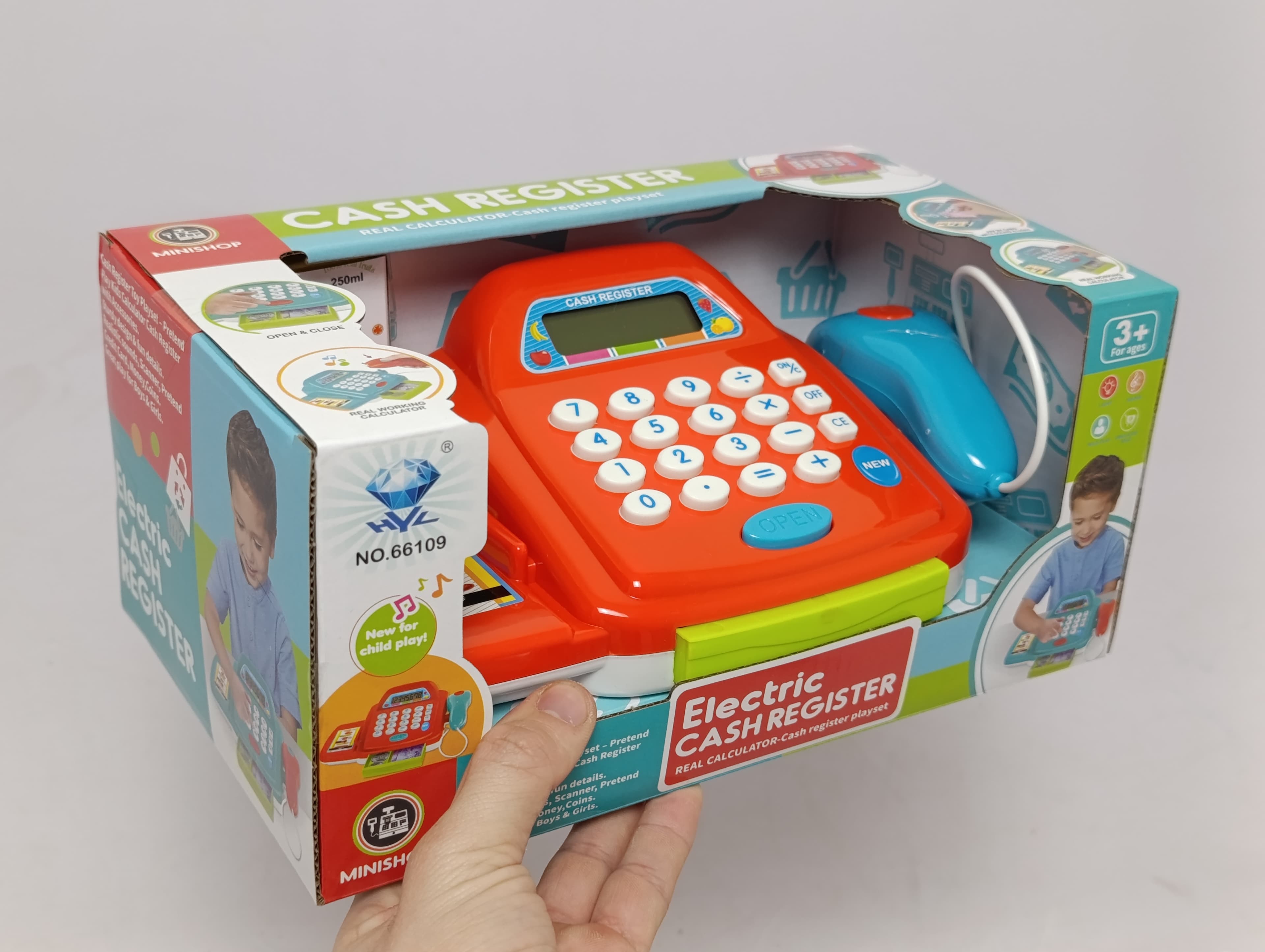 Умная касса MINISHOP со светом и звуком, калькулятор, сканер, батарейки в комплекте